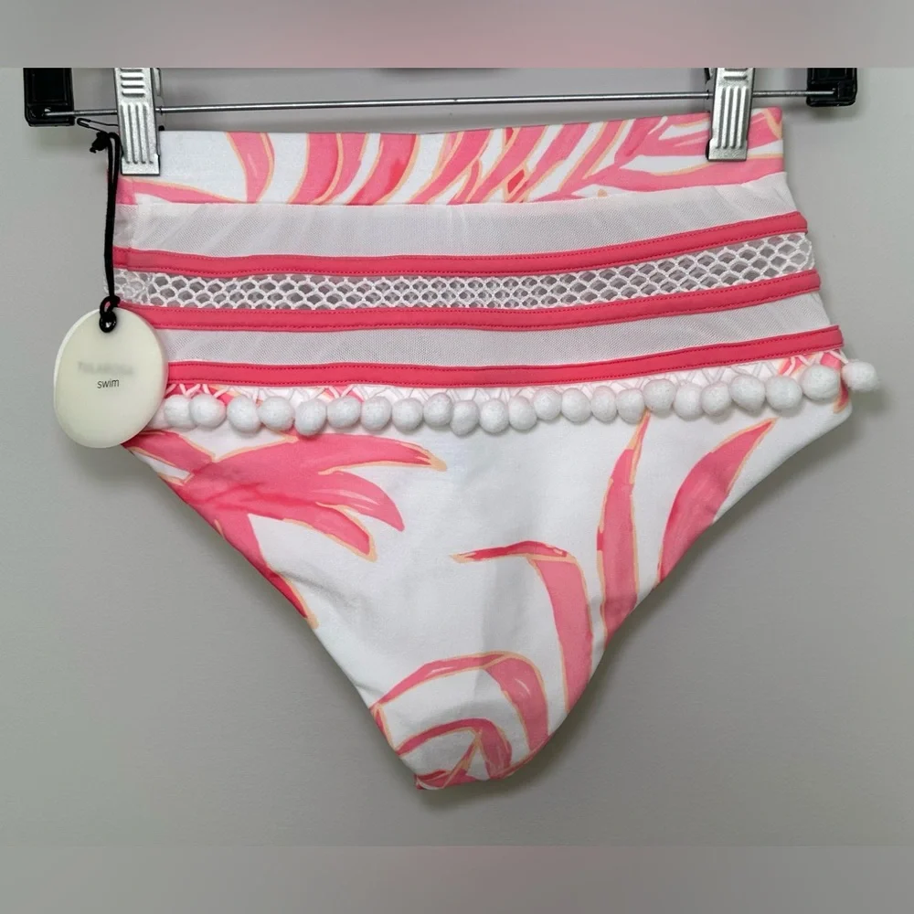 NWT Tularosa Swim Pom Pom Bikini Bottoms Pink White Palm‎ Print Tropical Mesh XS